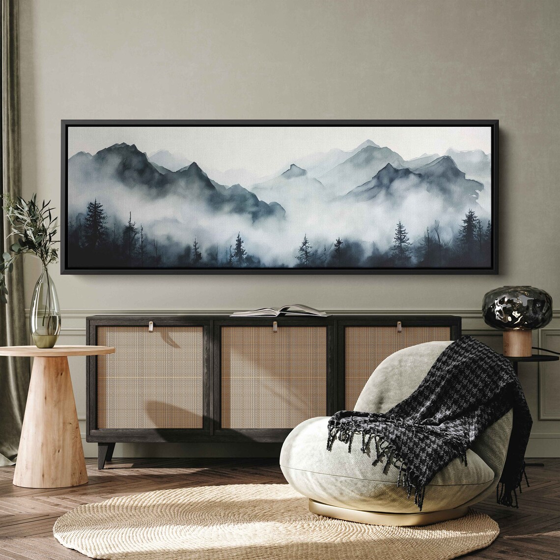 Foggy Mountain Landscape With Trees Painting Framed Print Ready To Hang