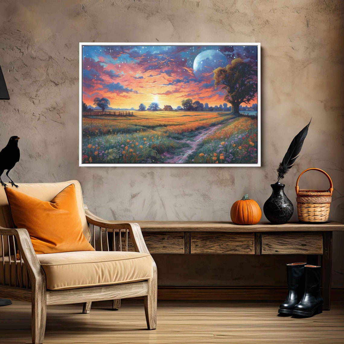 Dreamy Sunset Flower Field Moon Path Fantasy Acrylic Painting Poster - Image 2