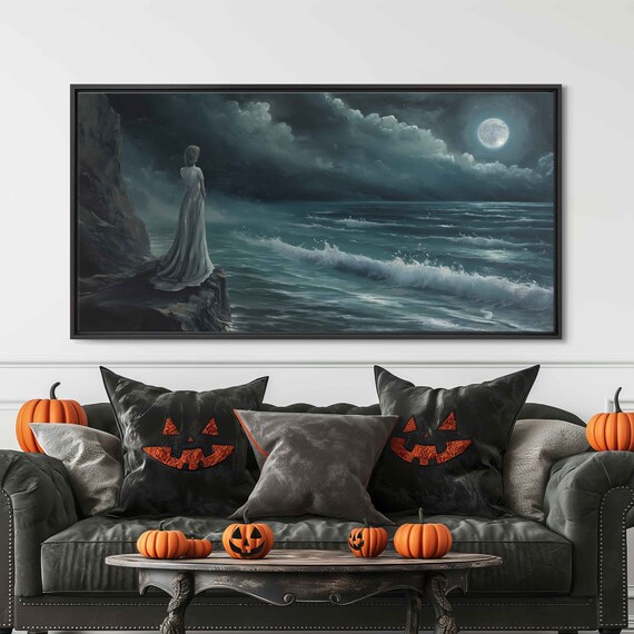 Ghostly Woman Cliff Ocean Moonlight Waves Vintage Gothic Art Print