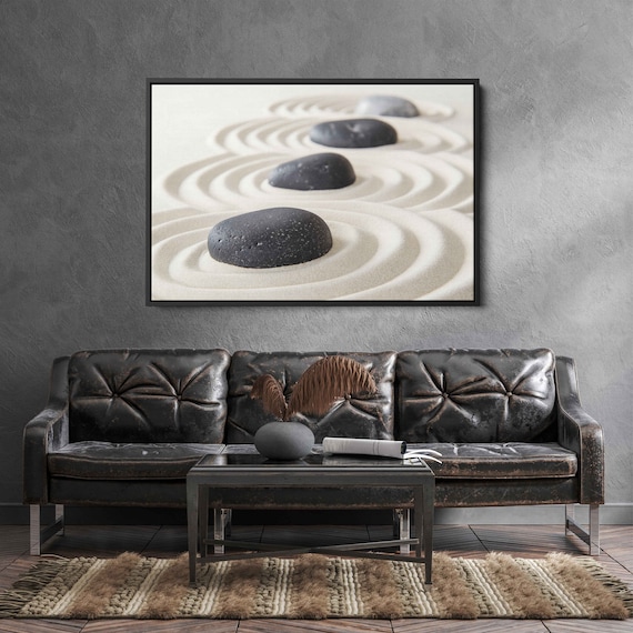 Zen Garden Stones Raked Sand Minimalist Calm Black White Meditation Poster