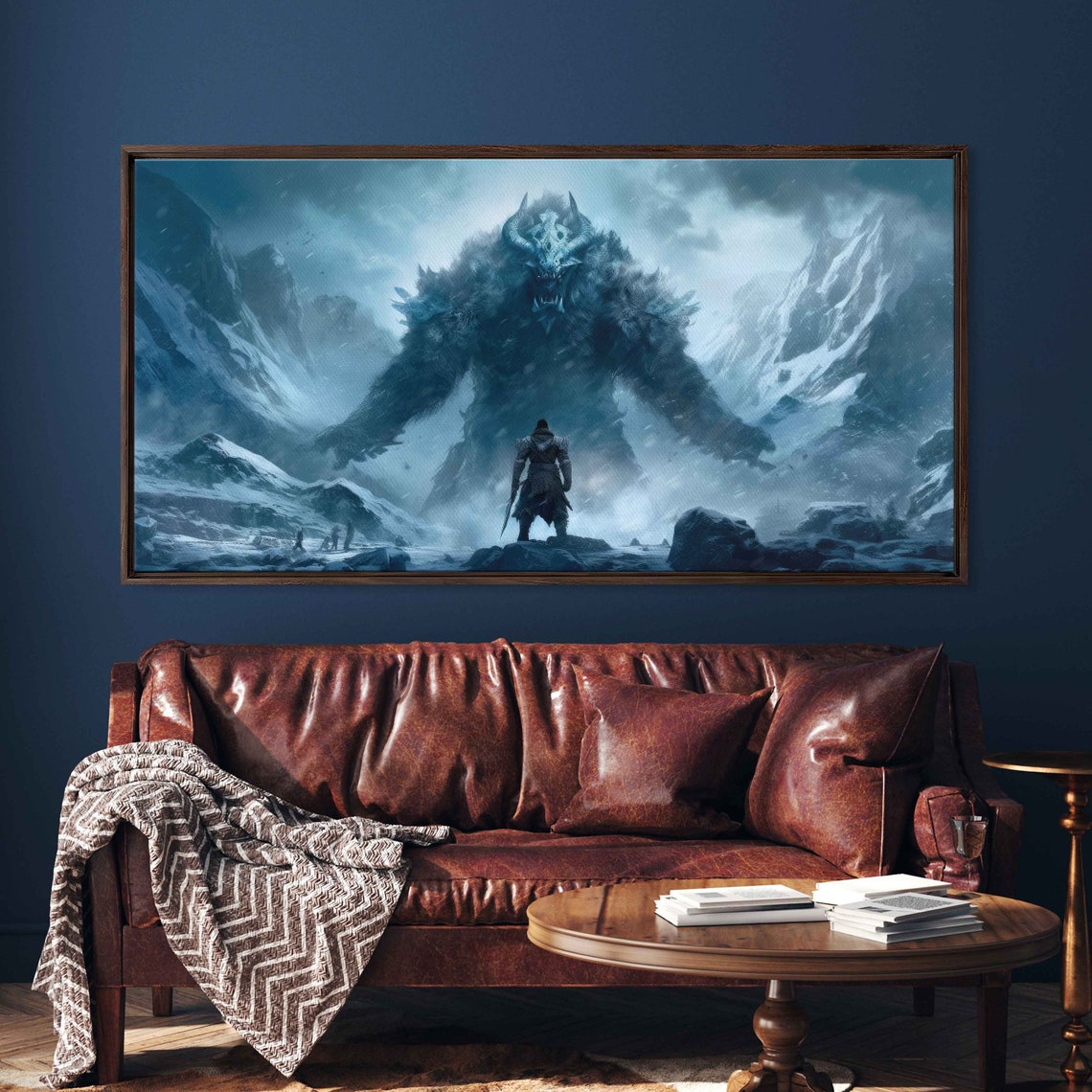 Barbarian Warrior Facing Giant Snow Yeti Frozen Mountain Art Poster
