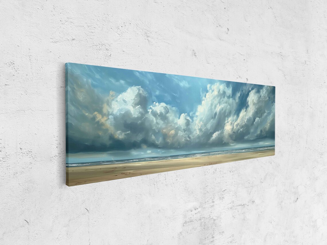 Dramatic Cumulus Clouds Calm Sea Sandy Beach Panoramic Coastal Sky Wall Poster - Image 4
