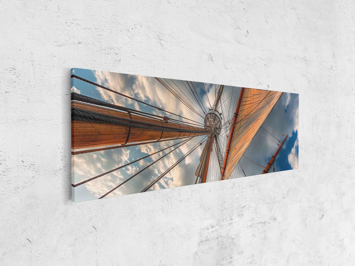 Wooden Tall Ship Masts Sails Against Blue Sky Panoramic Photo - Image 4