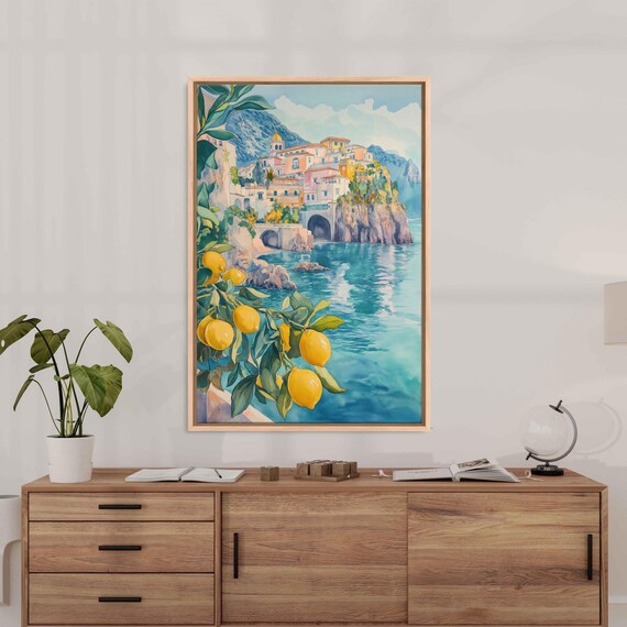 Amalfi Coast Dreamy Watercolor Wall Art Print Pastel Houses Lemon Trees Turquoise Waters