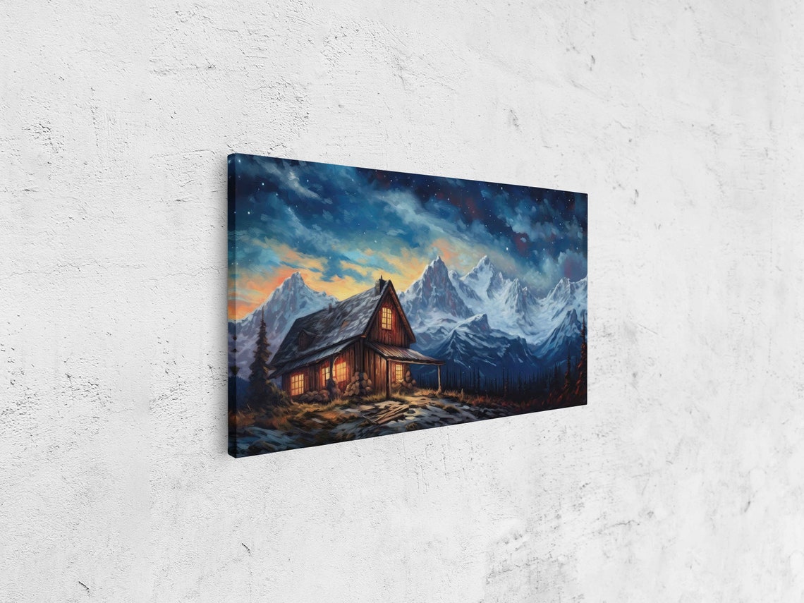 Warm Cabin Windows at Twilight Snowy Mountain Peaks Night Poster - Image 4