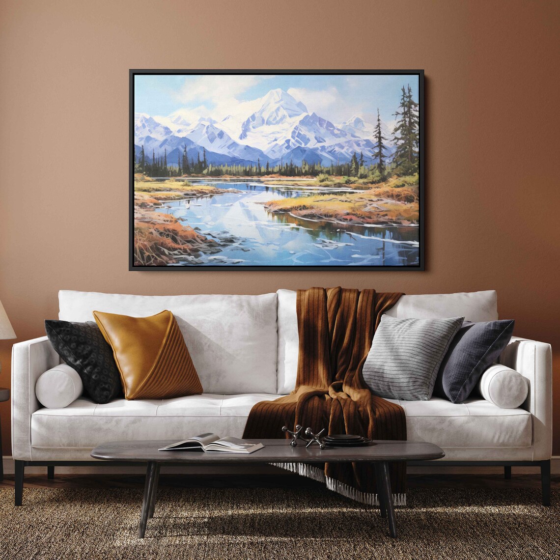 Snowcapped Mountain Range Golden Autumn River Valley Painting Wall Poster - Image 2