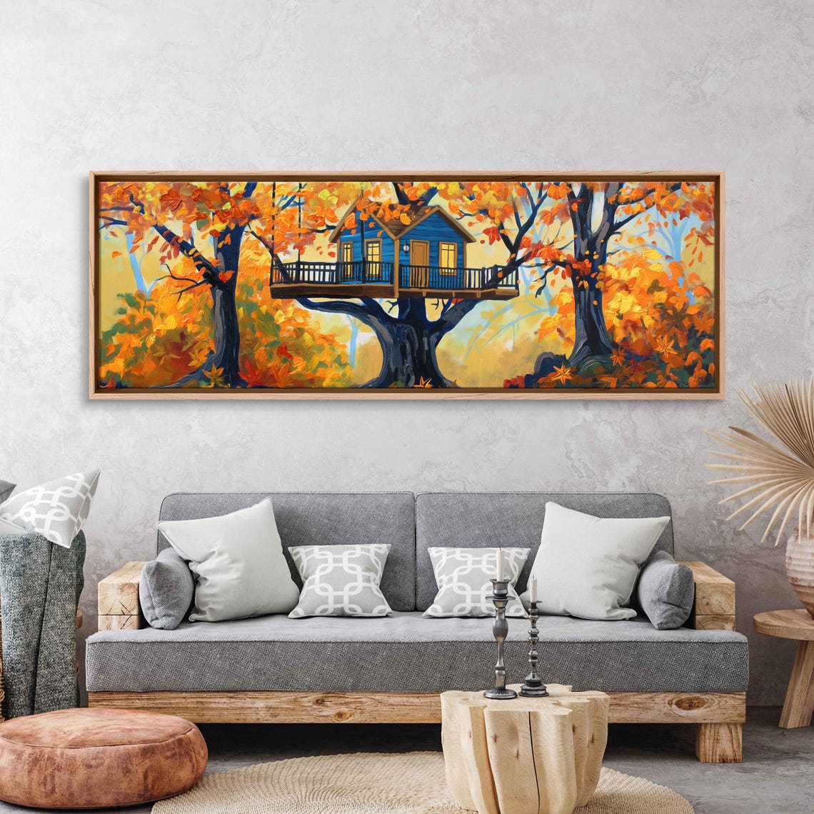 Blue Treehouse Wraparound Deck Flaming Autumn Forest Wall Poster