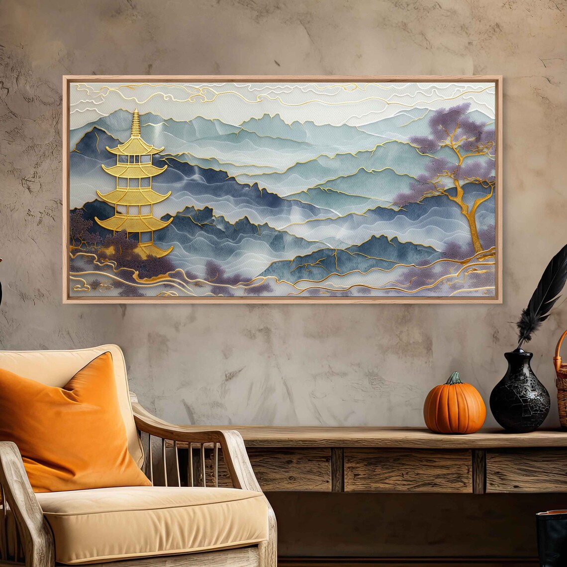 Gold Inlaid Jade Pagoda, Chinese Ink Landscape Art Print - Image 2