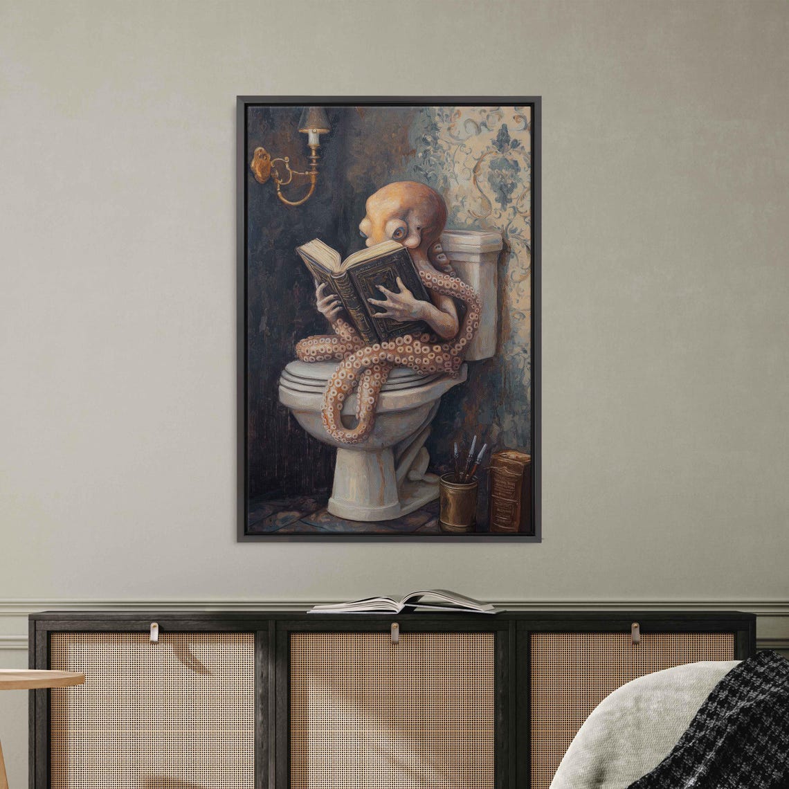 Whimsical Octopus Reading Book On Toilet Moody Dark Art Poster