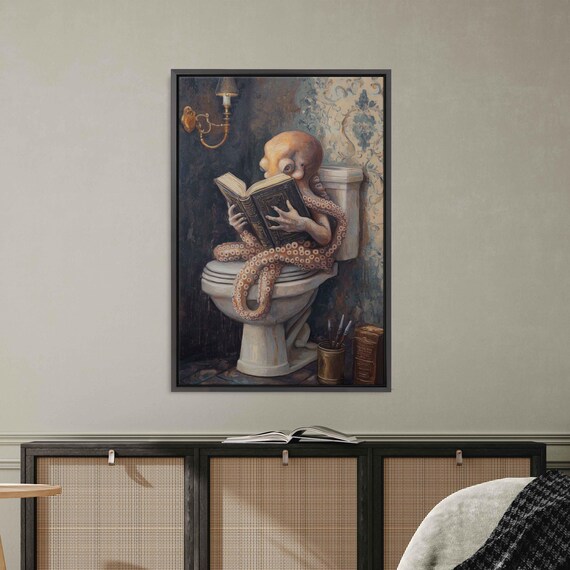 Octopus Sitting On Toilet Reading Book Wall Art Print Funny Animal Art Whimsical Painting Brass Sconce Ready To Hang