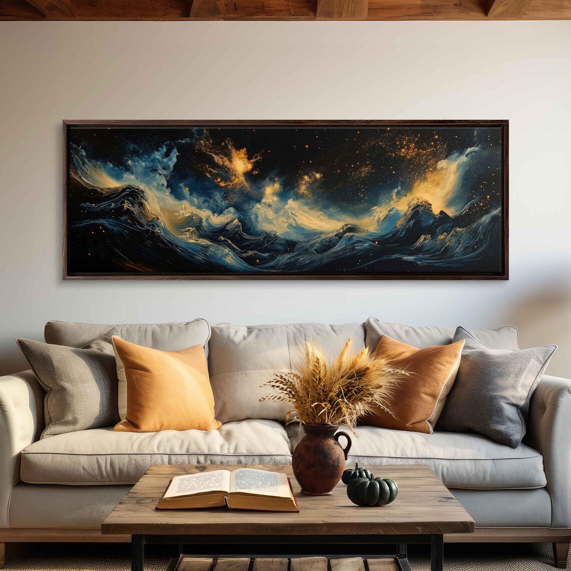 Cosmic Ocean Waves Abstract Night Sky Gold Sparks Dark Art Print