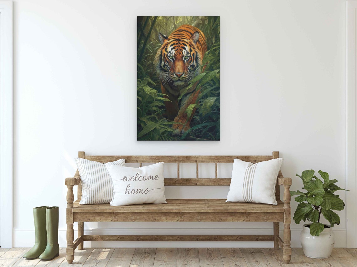 Tiger Stalking Through Lush Jungle Piercing Eyes Wildlife Art Poster - Image 2
