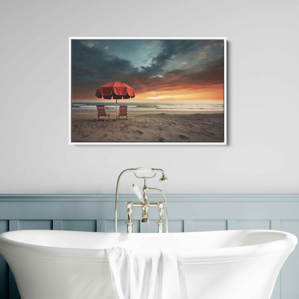 Red Beach Umbrella And Two Chairs At Sunset Over Ocean Waves Poster - Image 3