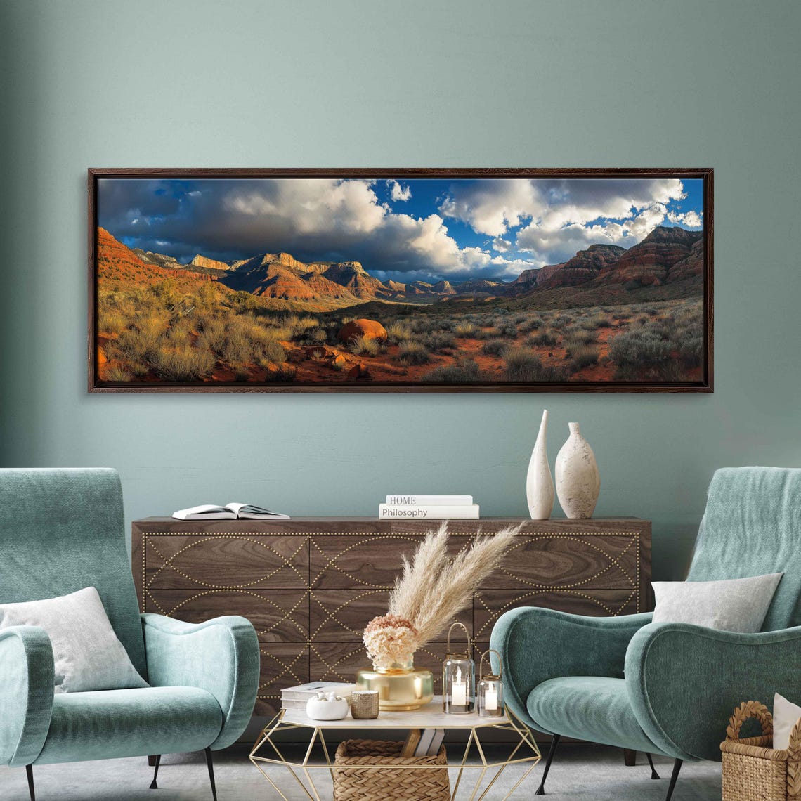 Red Rock Desert Mountains Storm Clouds Sunset Panoramic Travel Poster