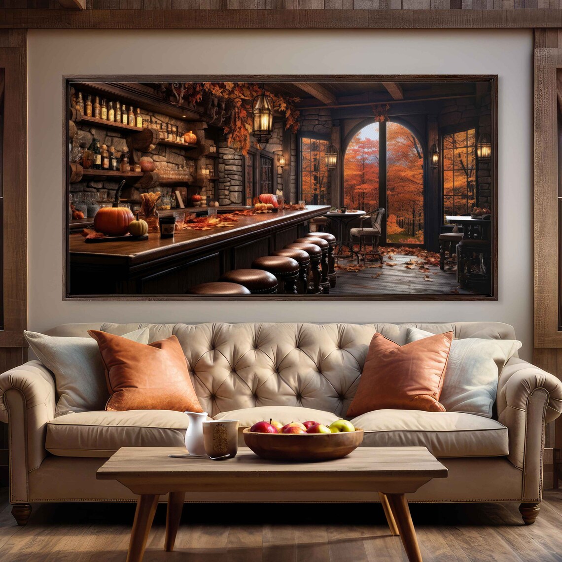Cozy Autumn Bar Pumpkins Leather Stools Arched Windows Fall Art Print