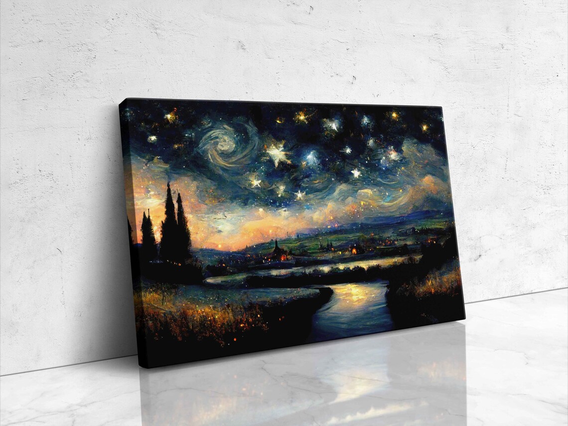 Starry Night Over River Village Swirling Sky Impressionist Art Poster - Image 3
