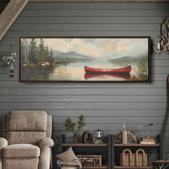 Lone Wooden Red Canoe Floating In Lake Oil Wall Art Print Tree Lined Shore Gift For Outdoorsman Vintage Art Ready To Hang