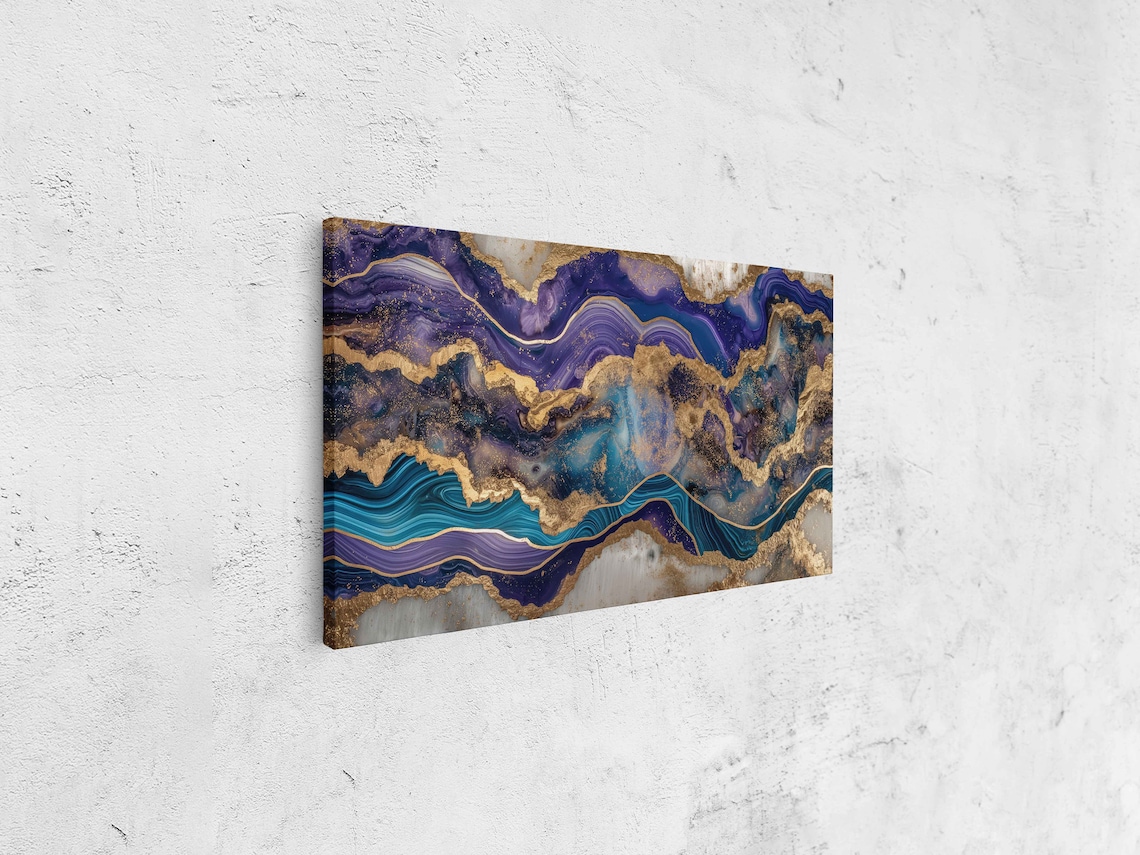 Blue Purple Marble Geode Gold Trim Abstract Epoxy Luxury Panoramic Art Poster - Image 4