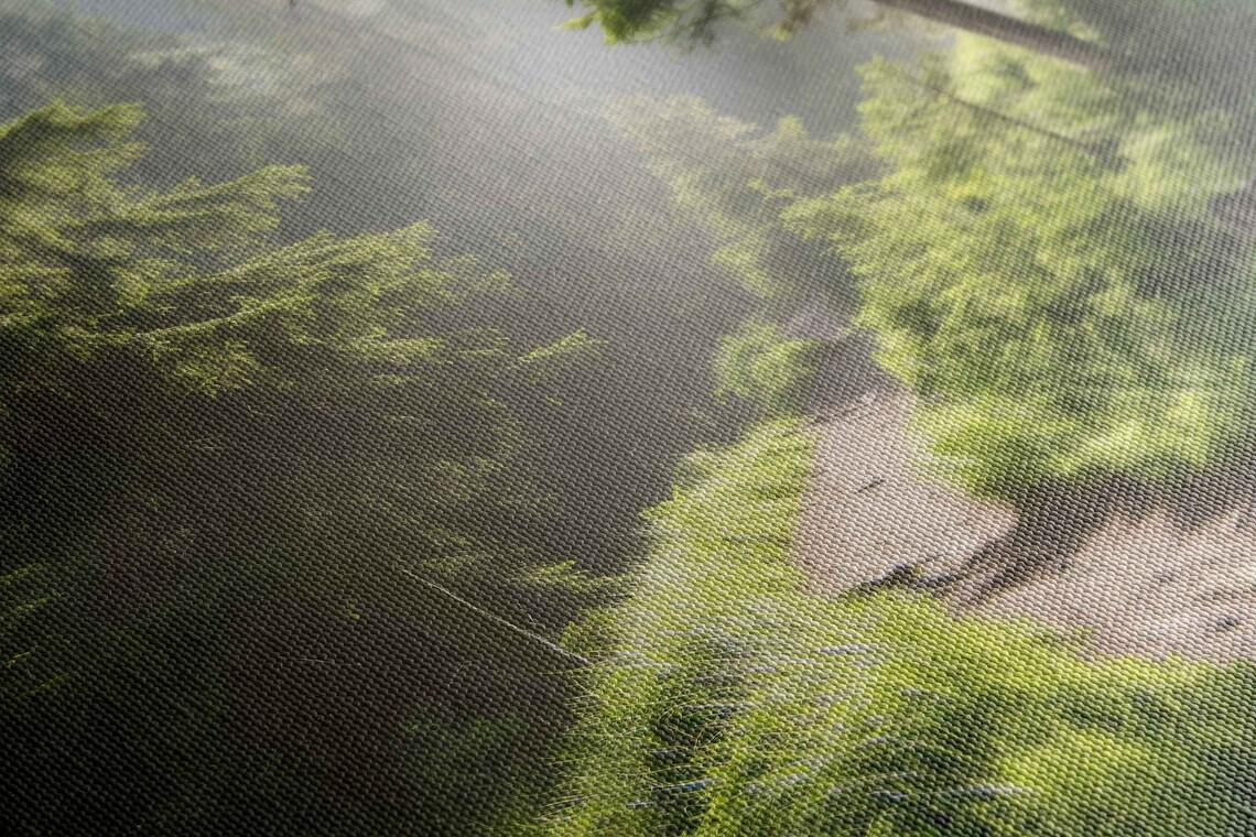 Mountain Path Through Sunlit Misty Forest Wall Art Print Ready To Hang - Image 2