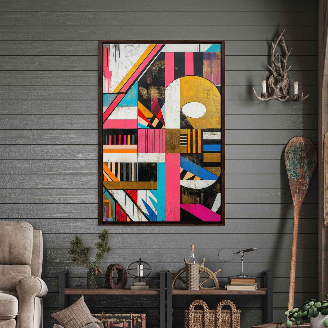 Geometric Graffiti Art Wall Art Print Art Deco Inspired With Gold Accents