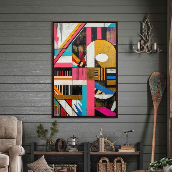 Geometric Graffiti Art Wall Art Print Art Deco Inspired With Gold Accents