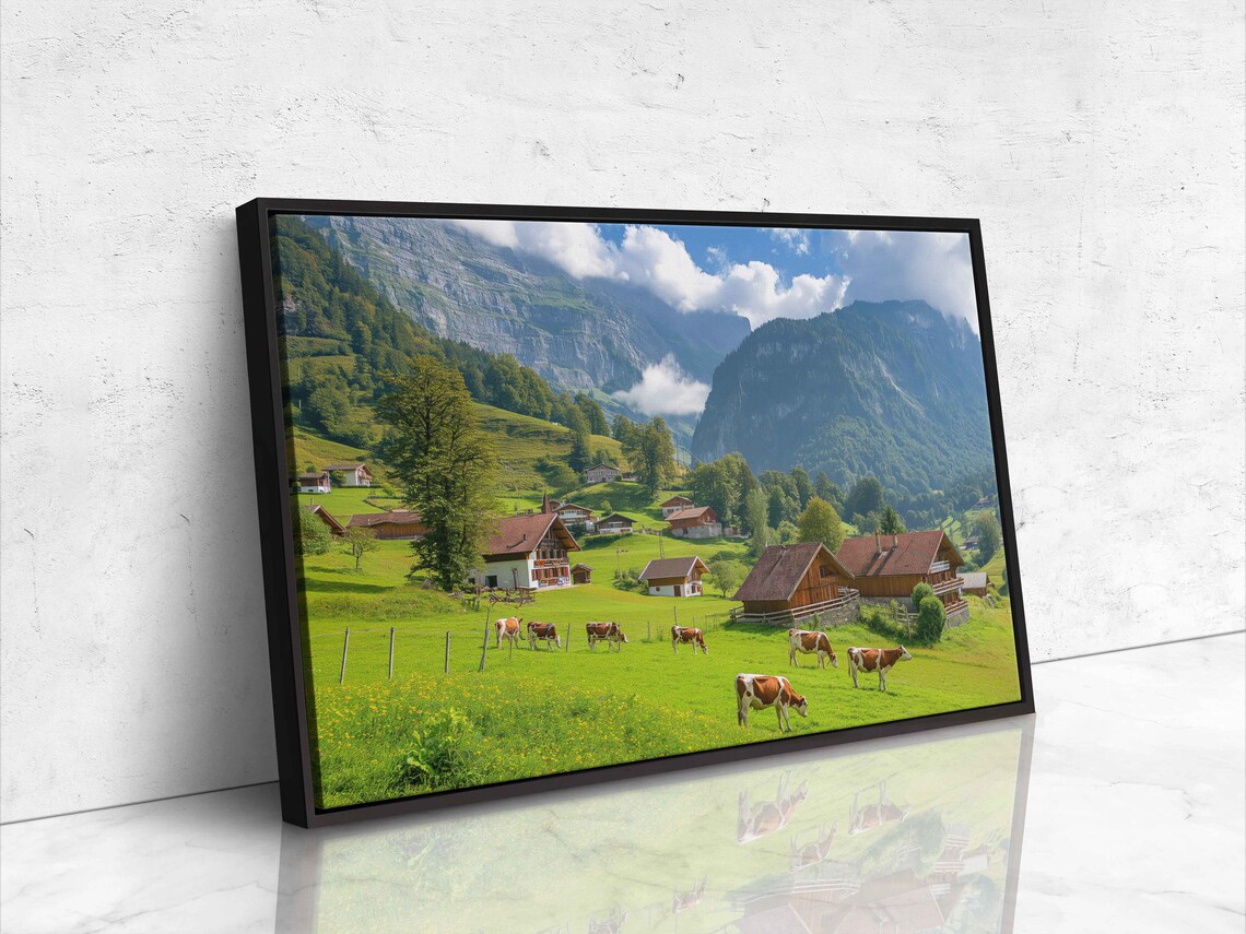 Green Alpine Pasture With Cows And Chalets Mountain Valley View Print - Image 4