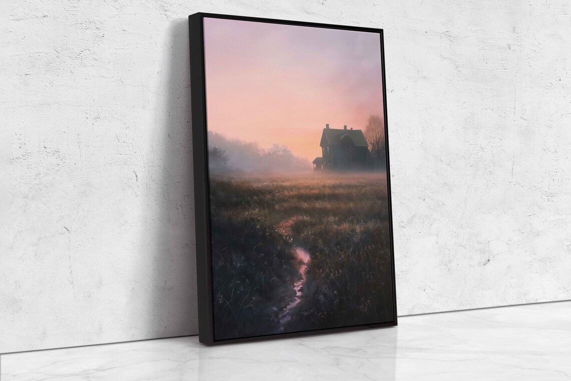 Misty Farmhouse Sunrise Pink Marshland Stream Oil Painting Wall Art - Image 4