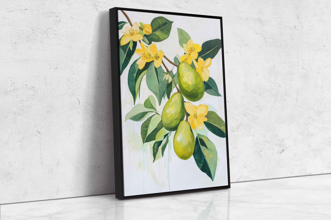 Green Avocados With Yellow Blossoms Botanical Branch Art Poster - Image 4