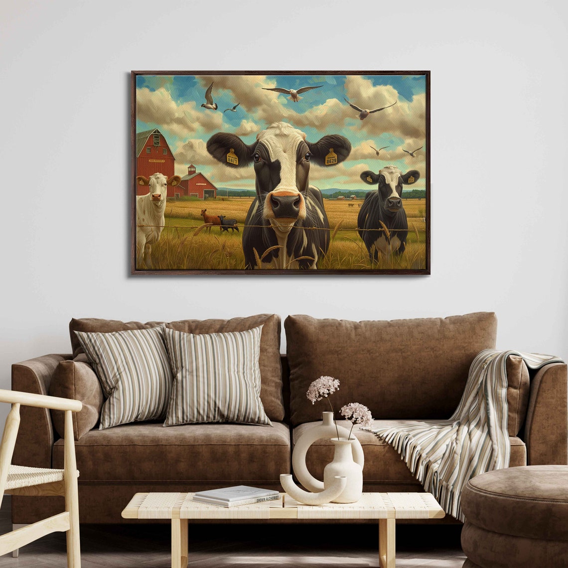 Three Cows Golden Pasture Red Barn Birds Flying Blue Sky Painting