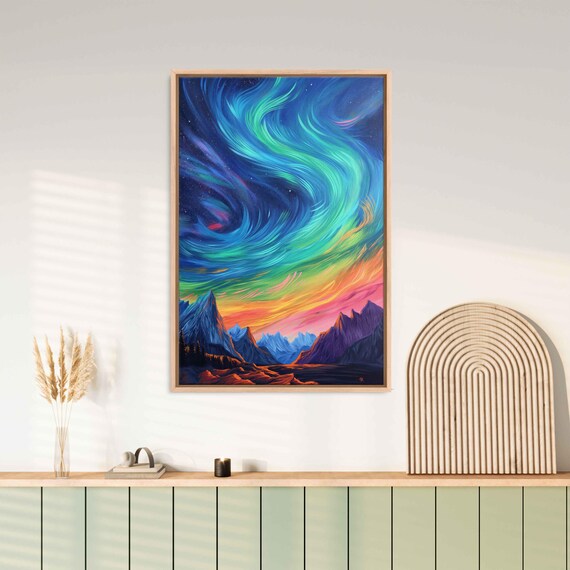 Rainbow Aurora Borealis Night Sky Over Jagged Mountain Peaks Poster