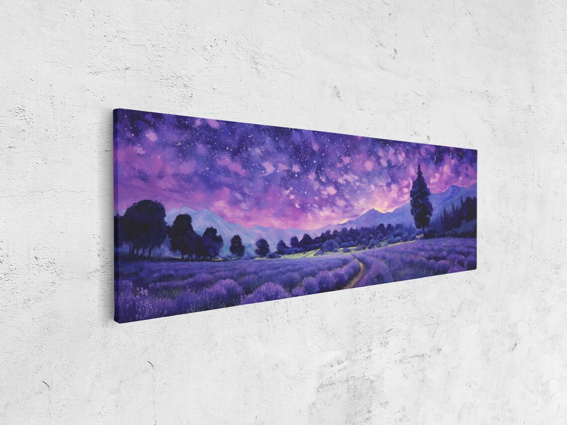 Lavender Field Colorful Starry Night Sky Panoramic Mountain View Art Poster - Image 4