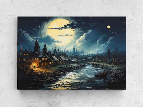 Spooky Moonlit Village Van Gogh Inspired Painting Framed Print Ready To Hang