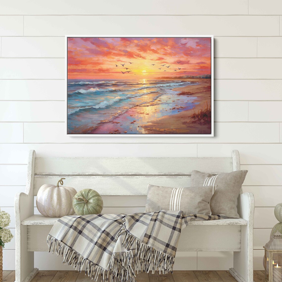 Beach Sunset Seagulls Turquoise Waves Golden Shore Painting Wall Art Poster - Image 2