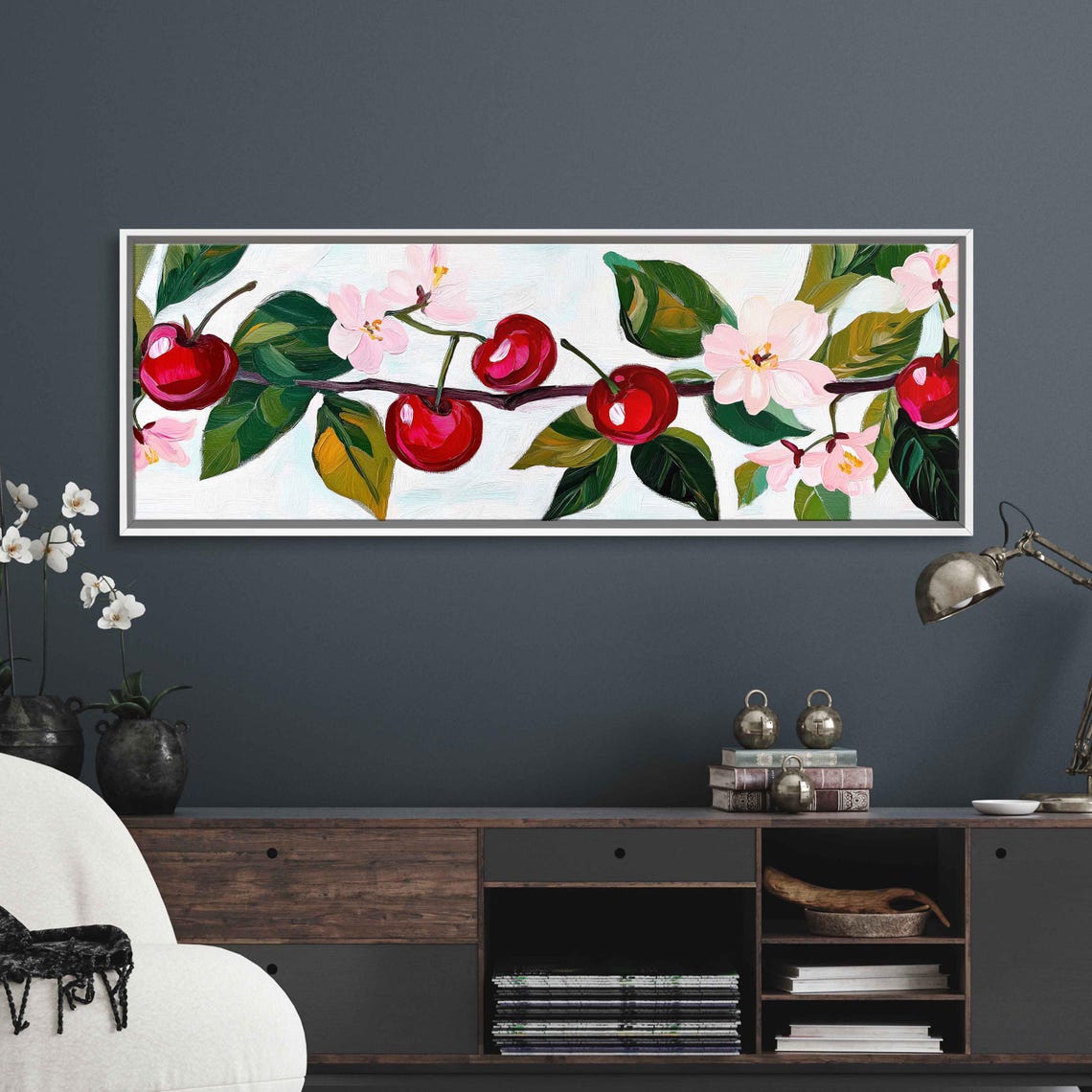 Red Cherries On Branch With Pink Blossoms Painting Wall Art Print - Image 3