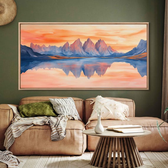 Scenic Dolomites Watercolor Wall Art Print Dawn Reflection Pink And Orange Sky