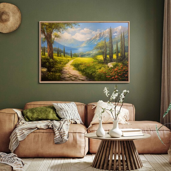 Cypress Trees In Lush Mountain Valley Traditional Landscape With Stone Walkway Wall Art Print Mountain Background Ready To Hang