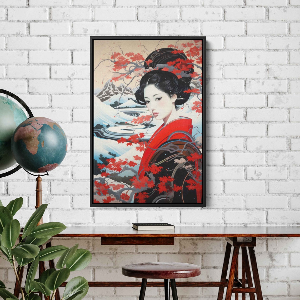 Ukiyo E Style Geisha Red Kimono Snowy Mountain Maple Wall Art Print - Image 3