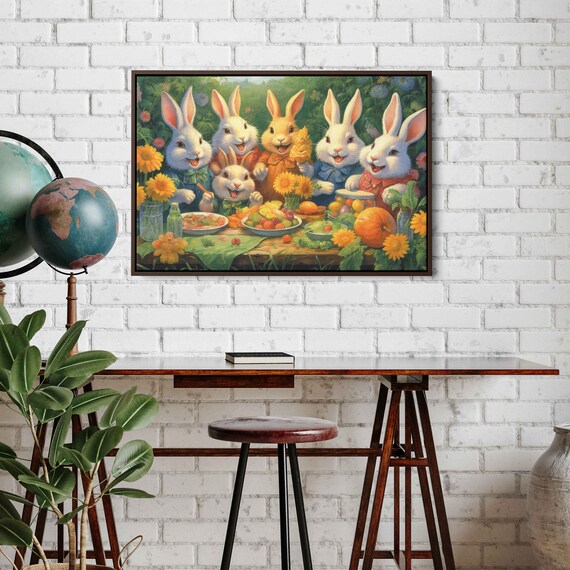 Whimsical Bunny Family Picnic Sunflowers Fruit Garden Painting Art Poster