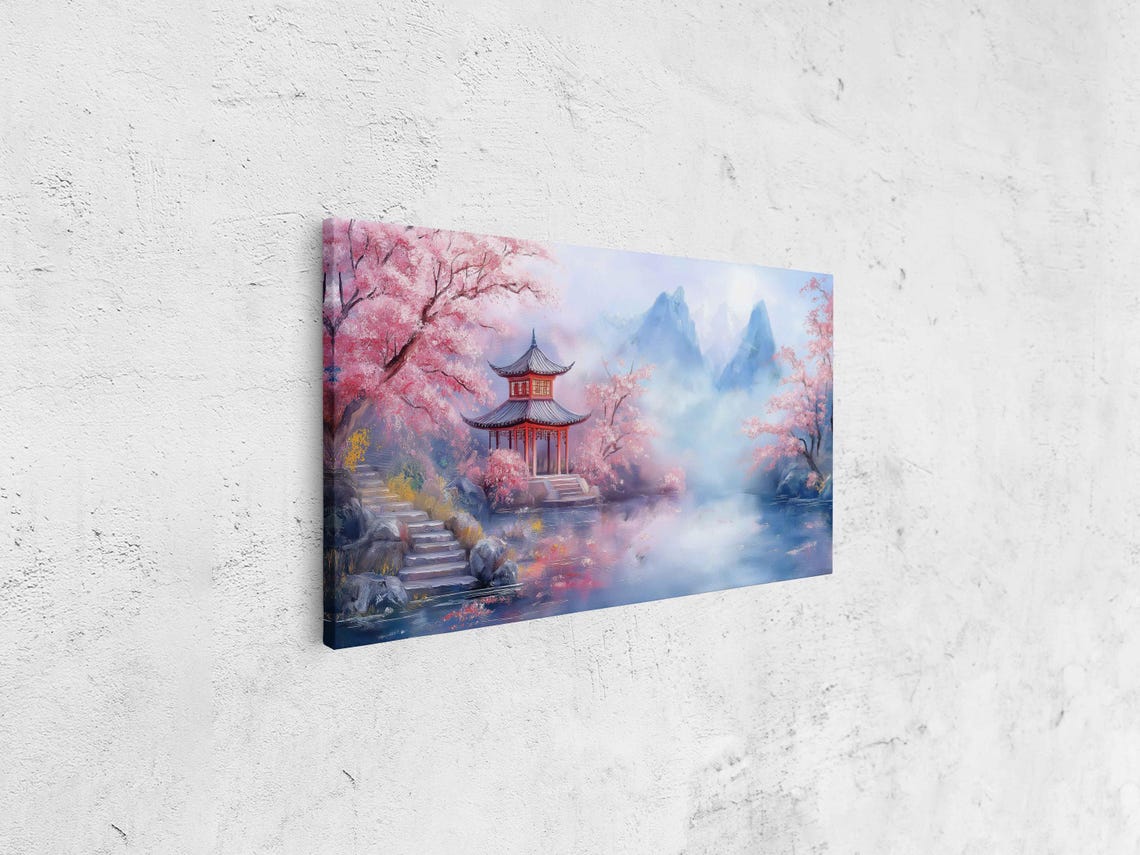 Cherry Blossom Pavilion Lakeside Mountains Asian Landscape Poster - Image 4
