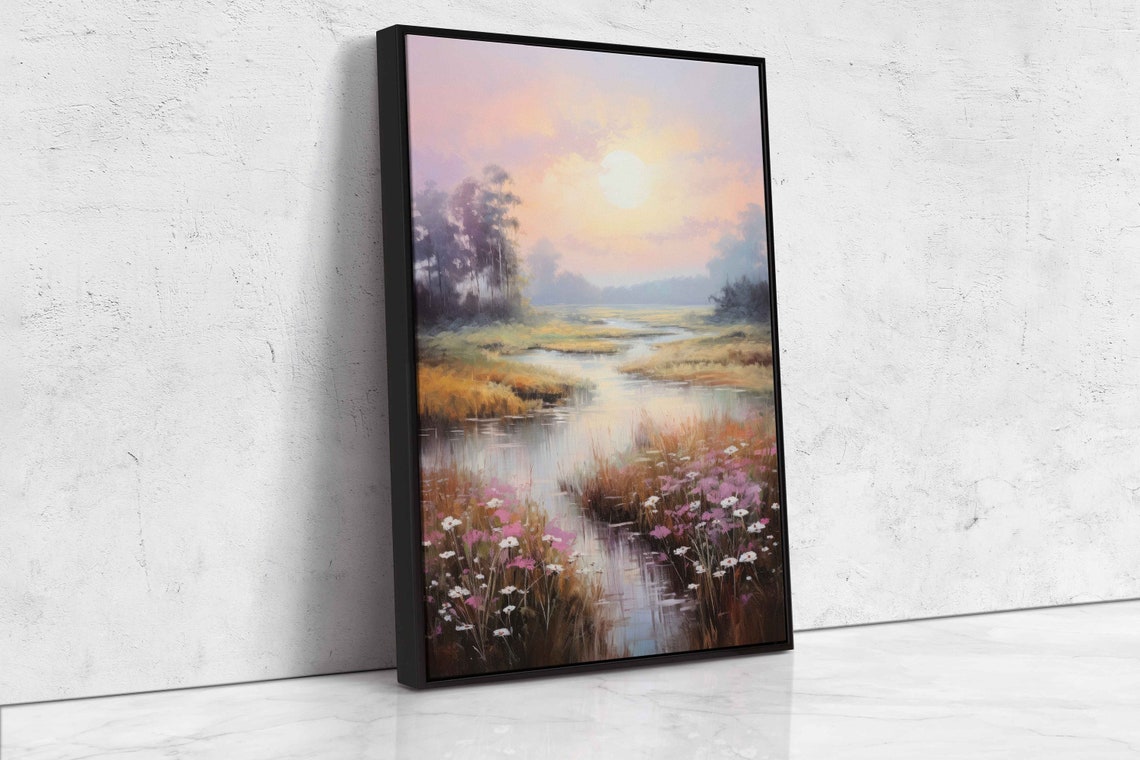 Lush Summer Meadow Sunset Wildflowers Pastel Landscape Painting Print - Image 4