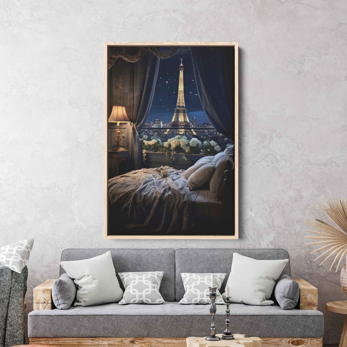 Eiffel Tower Through Window Wall Art Print Paris Nightscape French Town Starry Sky Ready To Hang - Image 3