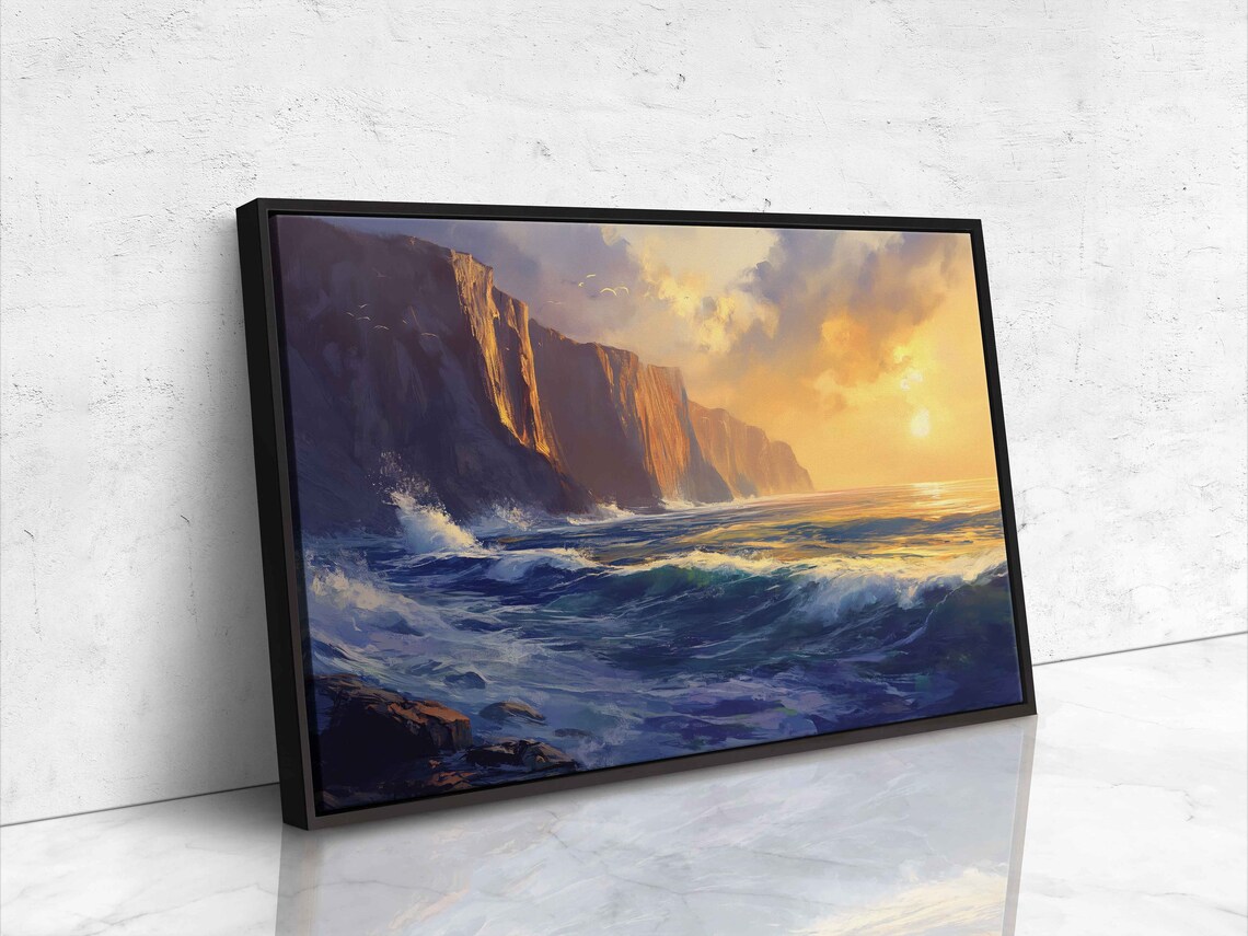 Ocean Waves Crashing Tall Cliffs Golden Sunset Seascape Painting Poster - Image 4
