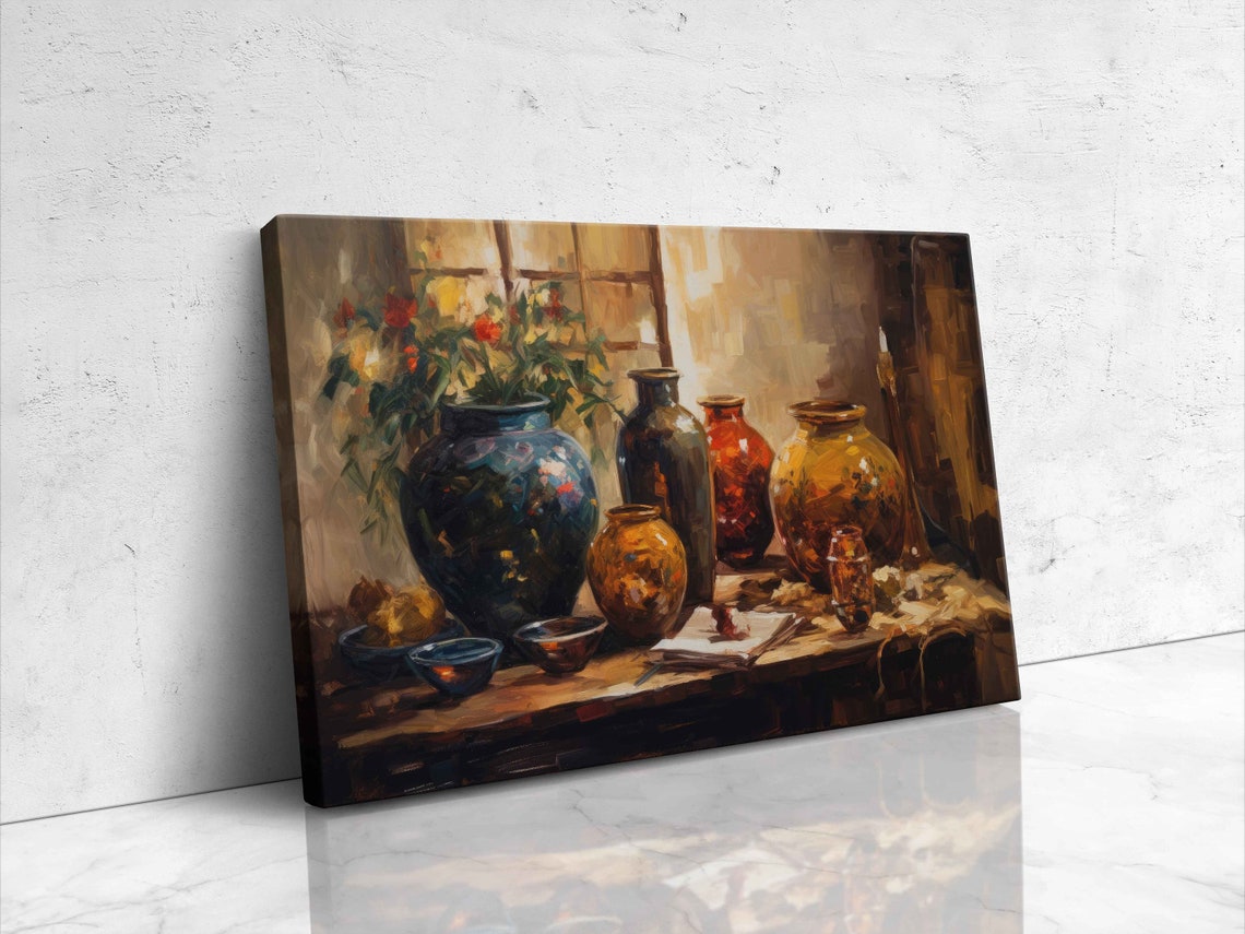 Rustic Ceramic Vases Still Life Oil Painting Kitchen Art Poster - Image 4