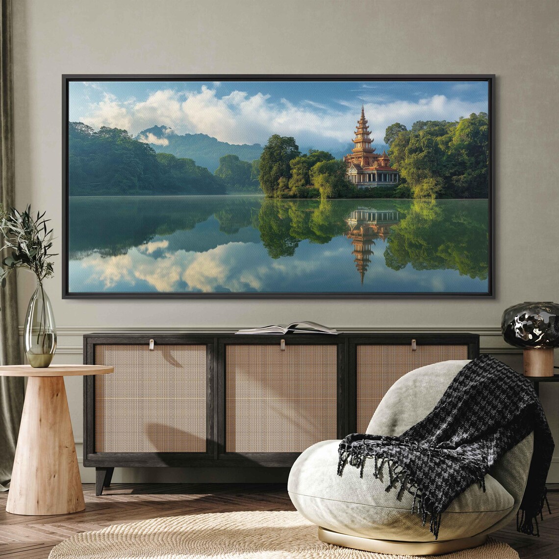 Buddhist Temple Reflection On Tranquil Lake Mirror Water Mountain View Poster