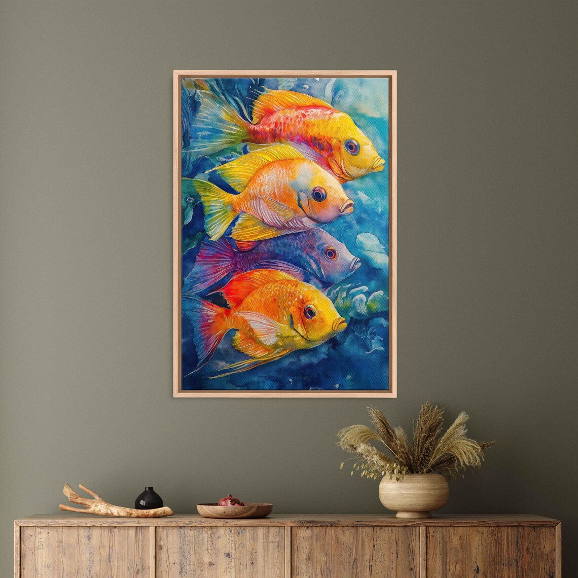 Tropical Cichlid Fish Quartet Orange Yellow Blue Watercolor Wall Art