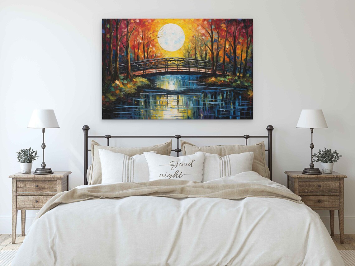 Colorful Bridge Over River Sunset Autumn Palette Knife Painting Poster - Image 3