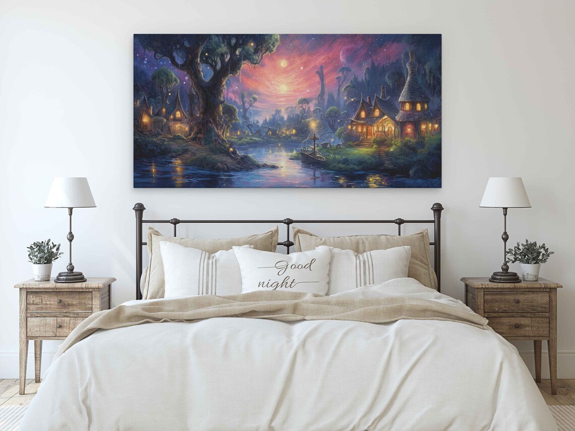 Enchanted Fairy Tale Village River Twilight Fantasy Forest Landscape Print - Image 3