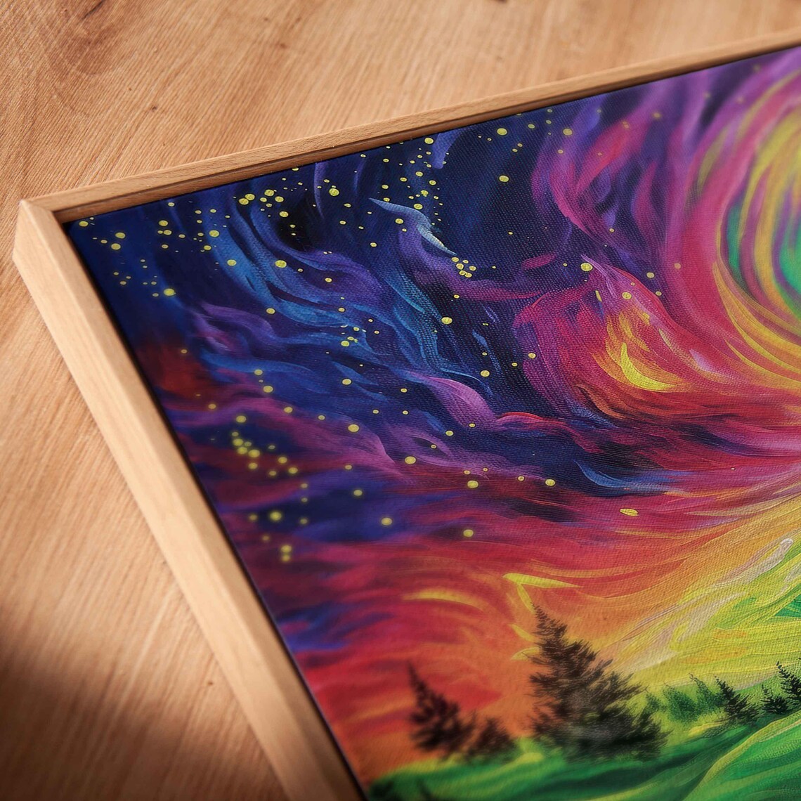 Colorful Rainbow Aurora Swirls Over Winding River Valley Night Sky Poster - Image 2