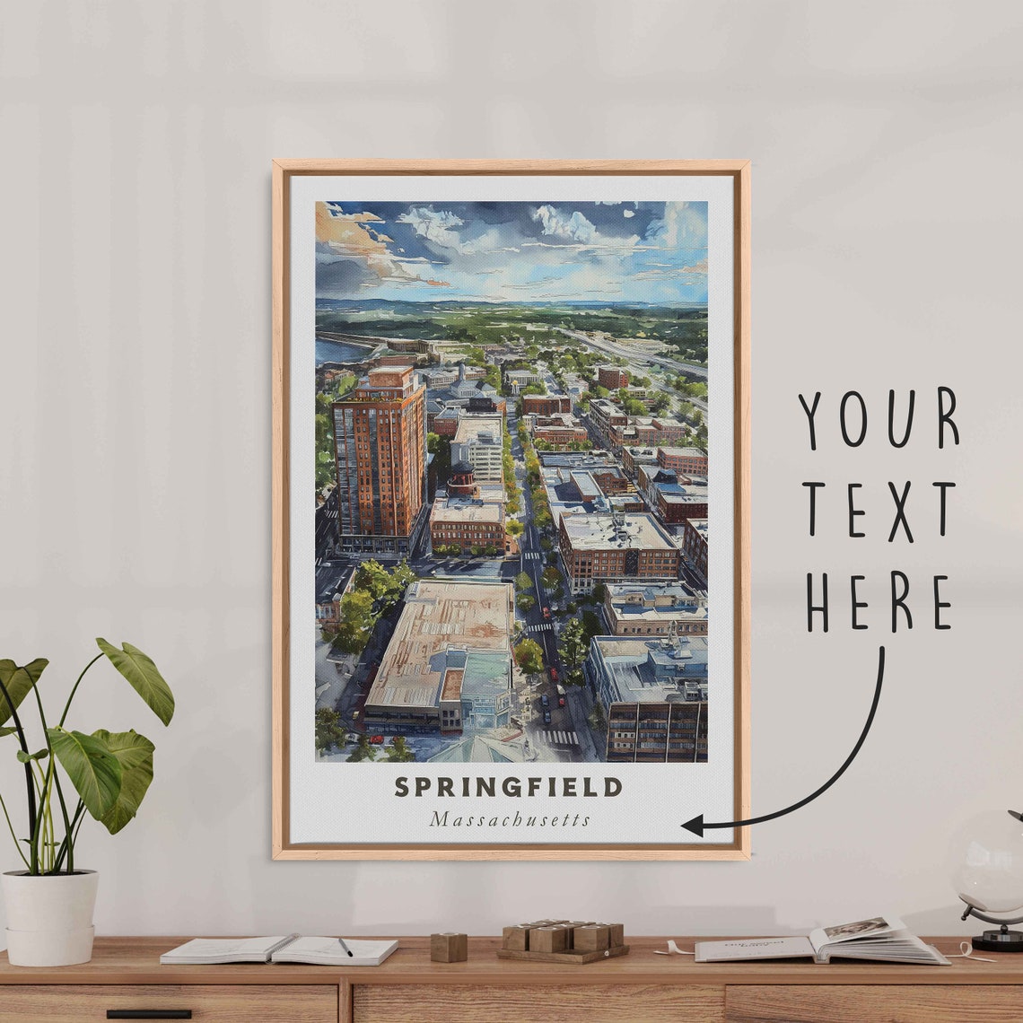 Springfield Massachusetts Watercolor Downtown Aerial Skyline Poster