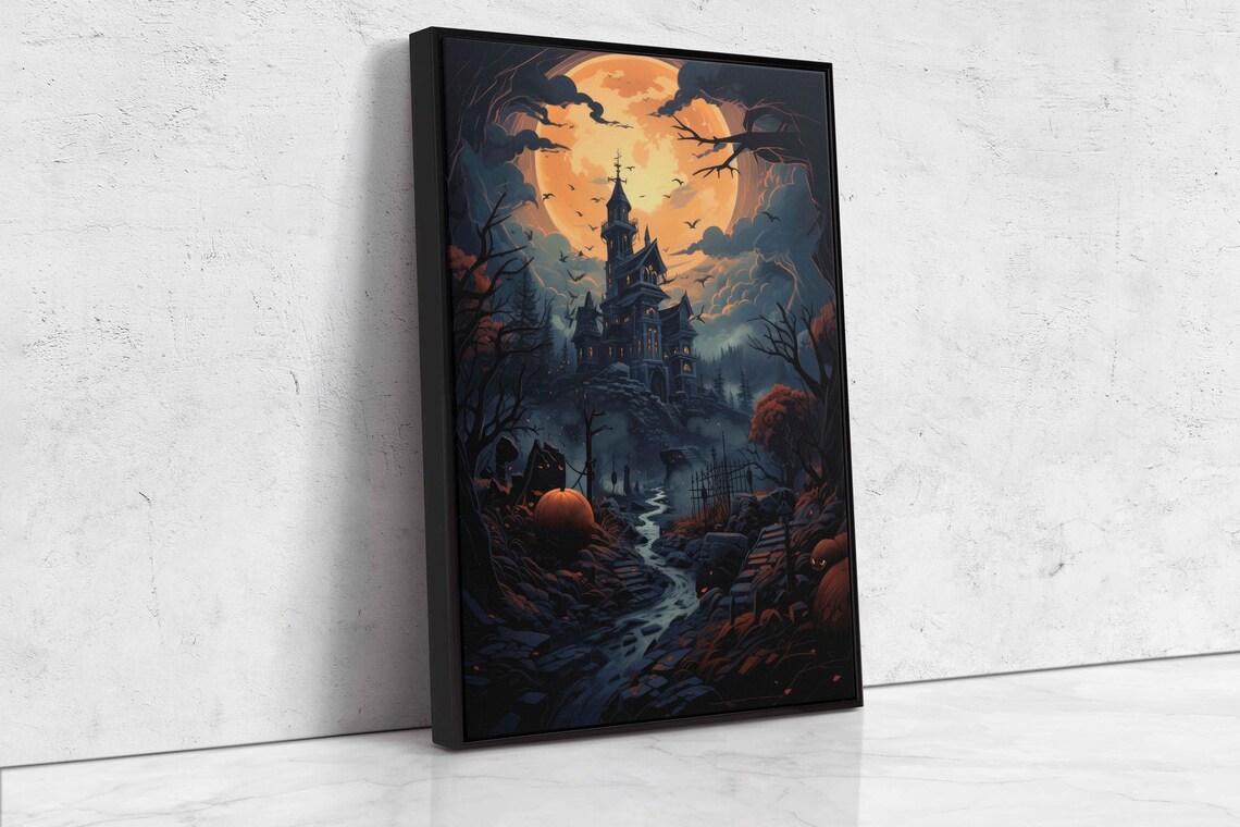 Spooky Haunted House Full Moon Halloween Night Bats Misty Path Art Print - Image 4